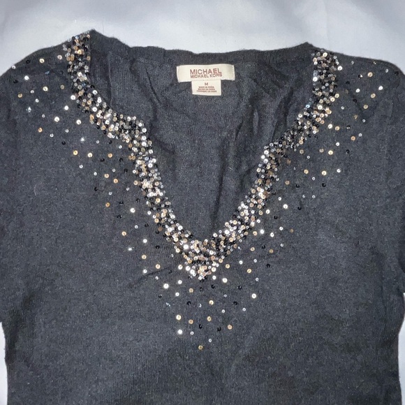 Michael Michael Kors V Neck Sweater Sequin Detail Around Neck Line Size Medium - Picture 4 of 9